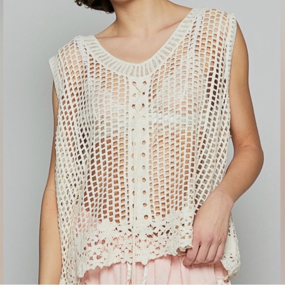 POL Cream Crochet Open-Knit Sleeveless Top